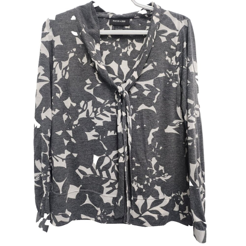 Focus 2000 Womens Top Large Gray White Floral Long Sleeve Bow Tie Office Carrier